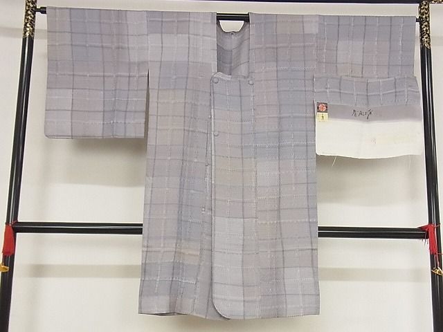 平和屋本店■極上 染色作家 斉藤三才 道行コート 単衣 格子 ロング丈 反端付き 正絹 逸品 KAAA1422kk4 - 平和屋
