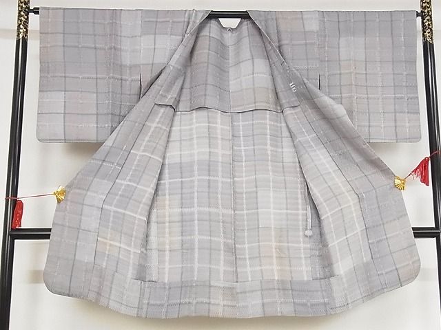平和屋本店■極上 染色作家 斉藤三才 道行コート 単衣 格子 ロング丈 反端付き 正絹 逸品 KAAA1422kk4 - 平和屋