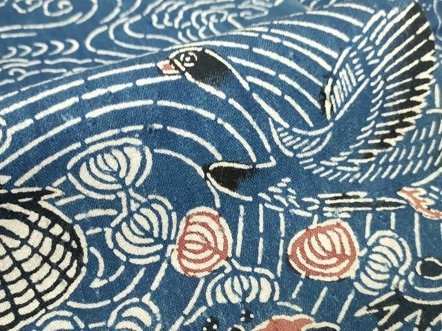 平和屋本店■極上 浦野理一 型染 本藍 九寸名古屋帯 紬地 立波に雁貝 正絹 逸品 未使用 KAAA1520kk4 - 平和屋
