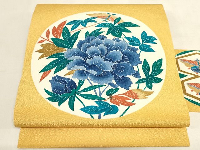 平和屋本店■極上 本加賀友禅作家 木村雨山 九寸名古屋帯 牡丹舞蝶文 鬼しぼ縮緬 正絹 逸品 未使用 KAAA1559kk4 - 平和屋
