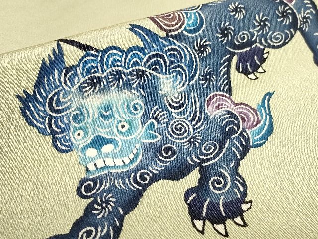 平和屋本店■最高級 城間栄順 本場琉球紅型 九寸名古屋帯 唐獅子 鬼しぼ縮緬 蒸栗色 正絹 逸品 KAAA1562kk4 - 平和屋