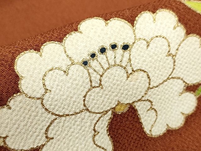 平和屋本店■極上 銀座 志ま亀 九寸名古屋帯 桐牡丹唐草 金彩 鬼しぼ縮緬 柿茶色 正絹 逸品 未使用 KAAA1578kk4 - 平和屋
