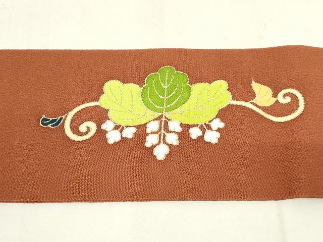 平和屋本店■極上 銀座 志ま亀 九寸名古屋帯 桐牡丹唐草 金彩 鬼しぼ縮緬 柿茶色 正絹 逸品 未使用 KAAA1578kk4 - 平和屋