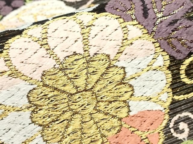 平和屋本店■極上 夏物 西陣 河合美術織物謹製 六通柄袋帯 唐織 花菱文 黒地 金糸 正絹 逸品 未使用 KAAA1735kk4 - 平和屋
