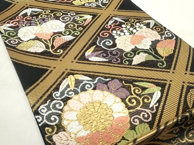 平和屋本店■極上 夏物 西陣 河合美術織物謹製 六通柄袋帯 唐織 花菱文 黒地 金糸 正絹 逸品 未使用 KAAA1735kk4 - 平和屋