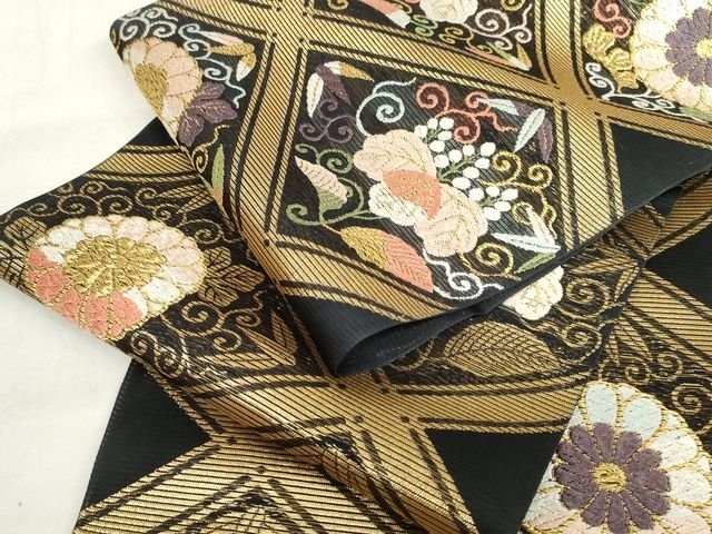 平和屋本店■極上 夏物 西陣 河合美術織物謹製 六通柄袋帯 唐織 花菱文 黒地 金糸 正絹 逸品 未使用 KAAA1735kk4 - 平和屋