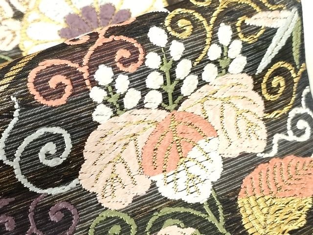 平和屋本店■極上 夏物 西陣 河合美術織物謹製 六通柄袋帯 唐織 花菱文 黒地 金糸 正絹 逸品 未使用 KAAA1735kk4 - 平和屋