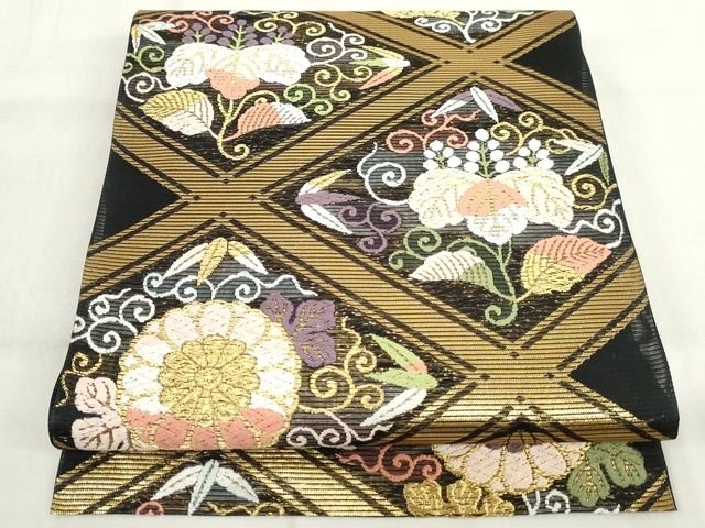 平和屋本店■極上 夏物 西陣 河合美術織物謹製 六通柄袋帯 唐織 花菱文 黒地 金糸 正絹 逸品 未使用 KAAA1735kk4 - 平和屋