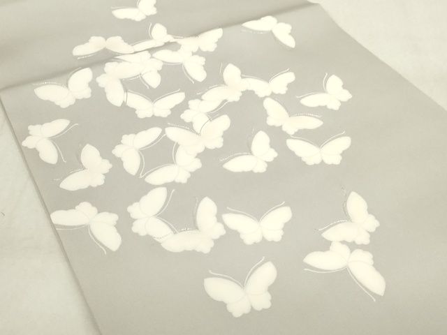 平和屋本店■極上 京都祇園の老舗 ぎをん齋藤 塩瀬 九寸名古屋帯 駒刺繍 舞蝶文 銀糸 絹鼠色地 正絹 逸品 KAAA1737kk4 - 平和屋