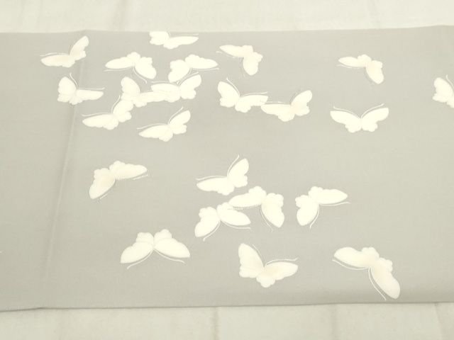 平和屋本店■極上 京都祇園の老舗 ぎをん齋藤 塩瀬 九寸名古屋帯 駒刺繍 舞蝶文 銀糸 絹鼠色地 正絹 逸品 KAAA1737kk4 - 平和屋