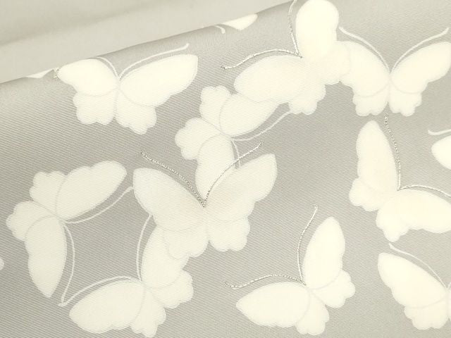 平和屋本店■極上 京都祇園の老舗 ぎをん齋藤 塩瀬 九寸名古屋帯 駒刺繍 舞蝶文 銀糸 絹鼠色地 正絹 逸品 KAAA1737kk4 - 平和屋