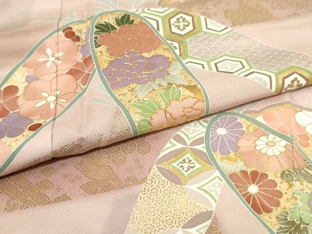 平和屋本店●極上 創業460年・千總 訪問着 駒刺繍 笹取吉祥花文 金彩 三越扱い 反端付き 洗柿色地 正絹 逸品 未使用CZAA3566s5