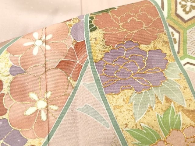 平和屋本店●極上 創業460年・千總 訪問着 駒刺繍 笹取吉祥花文 金彩 三越扱い 反端付き 洗柿色地 正絹 逸品 未使用CZAA3566s5