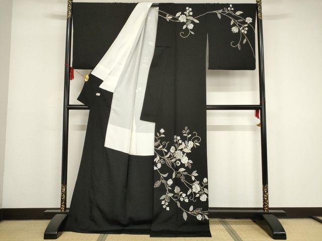 平和屋本店■極上 総刺繍 訪問着 花唐草文 黒地 金糸 丹後ちりめん 反端付き 逸品 KAAA1788kk5 - 平和屋