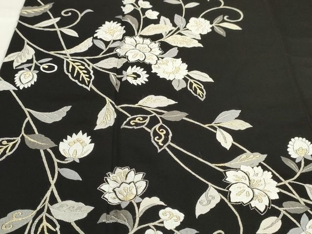 平和屋本店■極上 総刺繍 訪問着 花唐草文 黒地 金糸 丹後ちりめん 反端付き 逸品 KAAA1788kk5 - 平和屋