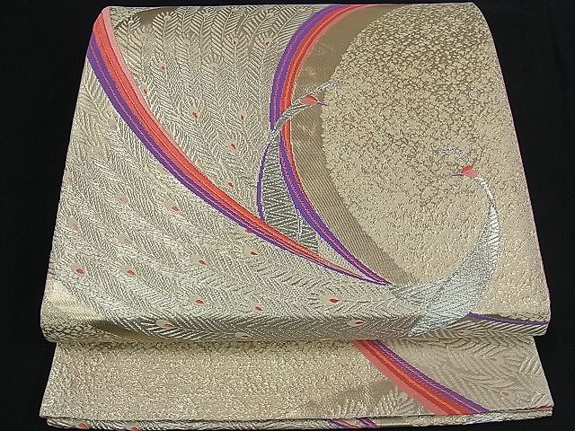 平和屋着物■六通柄袋帯 唐織 孔雀 銀糸 逸品 kb1361