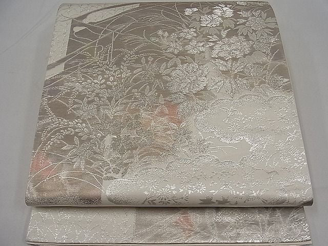 平和屋着物■六通柄袋帯 雲取り草花文 銀糸 逸品 kb1863
