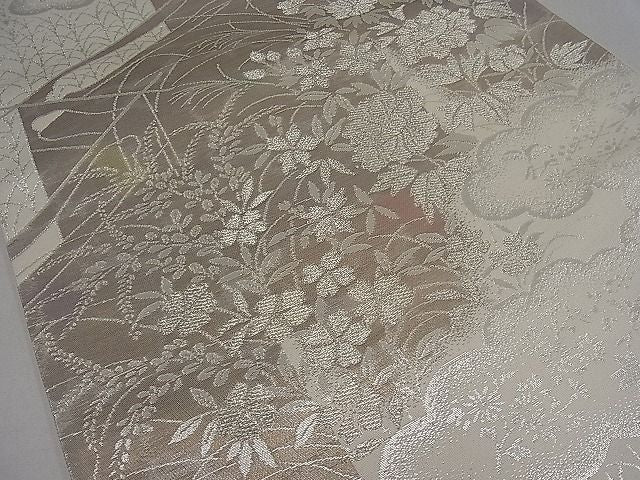 平和屋着物■六通柄袋帯 雲取り草花文 銀糸 逸品 kb1863