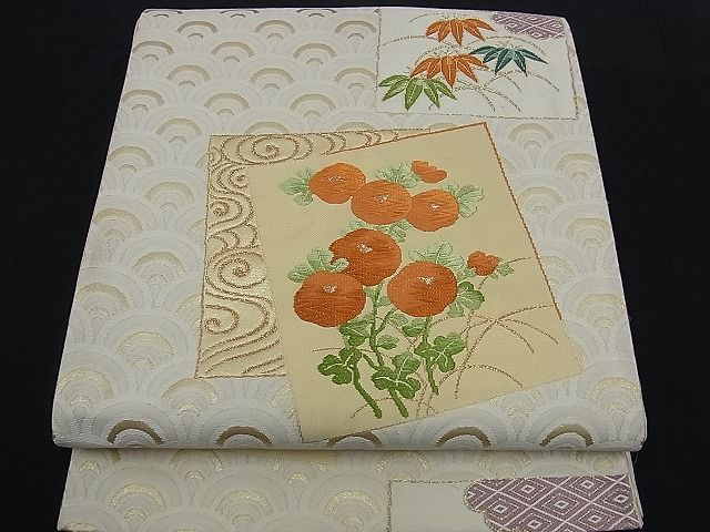 平和屋着物■六通柄袋帯 唐織 色紙重ね万寿菊 金銀糸 逸品 n-kg1562
