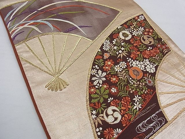 平和屋着物■六通太鼓柄袋帯 唐織 扇面吉祥花文 金糸 逸品 n-kg2485