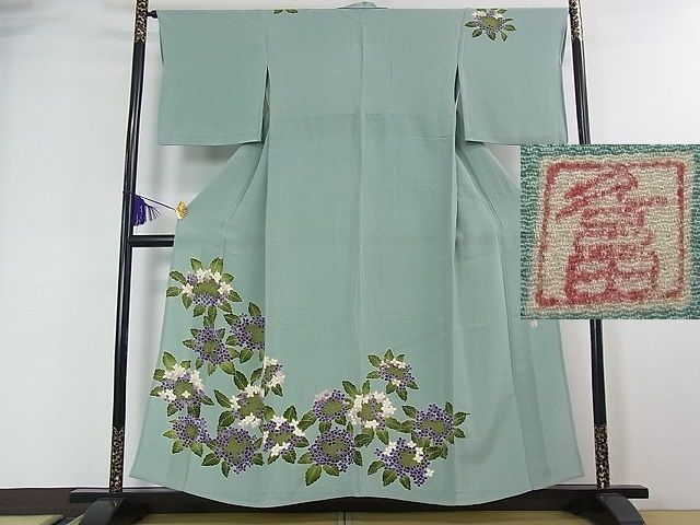 平和屋本店■超希少 東京友禅 久呂田明功 訪問着 単衣 紫陽花 千草色地 金彩 鬼しぼ縮緬 逸品 3kh1852