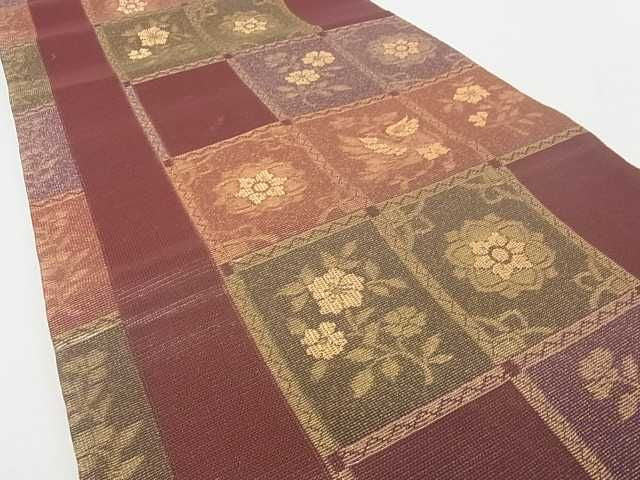 平和屋着物■六通柄袋帯 織成 格子花鳥文 金糸 逸品 ma2384