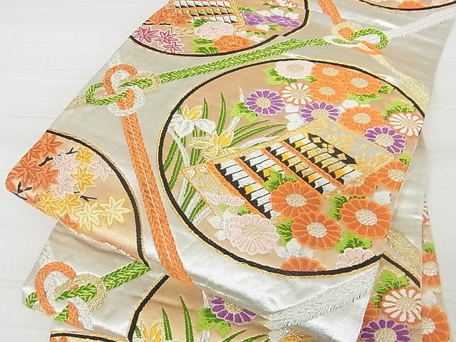 平和屋着物□六通柄袋帯 唐織 結び紐吉祥花丸文 金銀糸