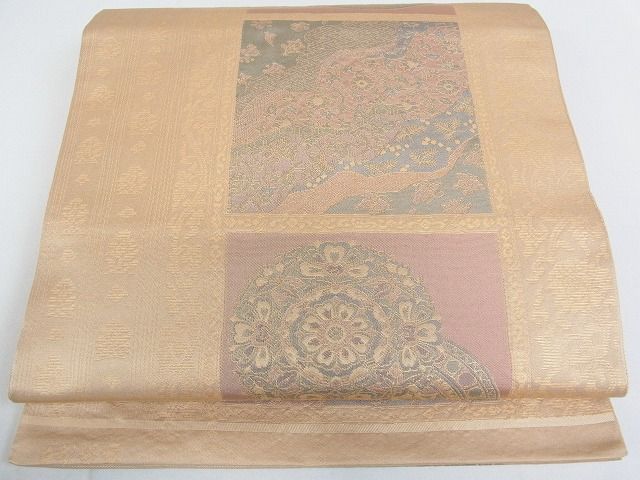 平和屋着物■六通柄 本袋帯 天平錦 色紙花絵皿文 金糸 逸品 mz1326