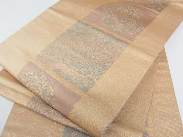 平和屋着物■六通柄 本袋帯 天平錦 色紙花絵皿文 金糸 逸品 mz1326
