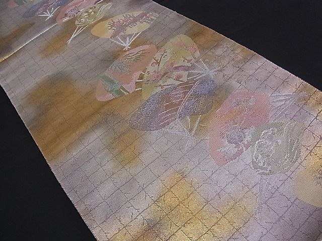 平和屋着物■六通柄袋帯 扇面笹竹梅花文 金銀糸 逸品 n-mz4353