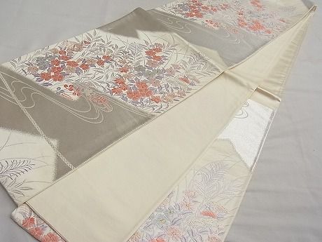 平和屋着物■六通柄袋帯 唐織 流水秋草文 銀糸 逸品 n-ar2797