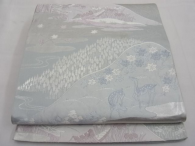 平和屋着物■六通柄袋帯 唐織 御所解 鹿に紅葉 銀糸 逸品 n-ar2967