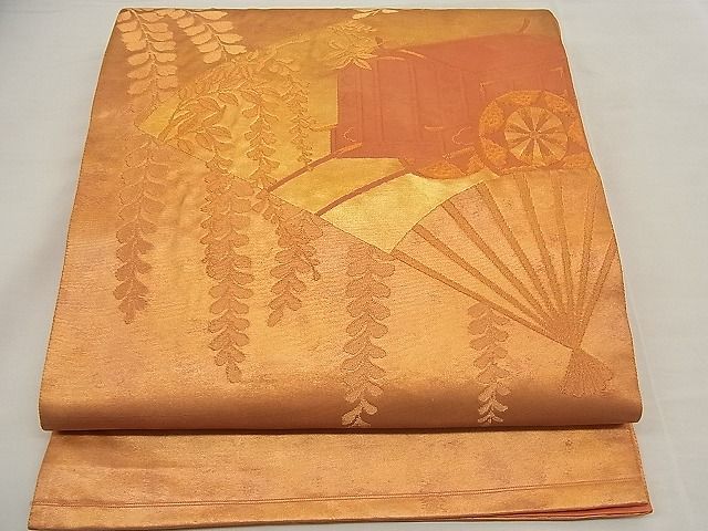 平和屋着物■r六通太鼓柄袋帯 ふくれ織 扇面御所車文 金糸 逸品 n-ea0364