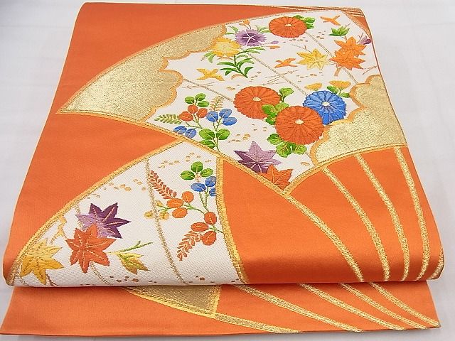 平和屋着物□六通柄袋帯 唐織 扇面菊花鳥文 金糸 鈴乃屋扱い