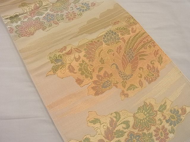 平和屋着物■六通柄袋帯 尾長鳥更紗花文 金銀糸 逸品 n-ip0429