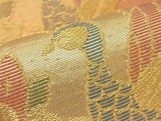 平和屋着物■六通柄袋帯 尾長鳥更紗花文 金銀糸 逸品 n-ip0429