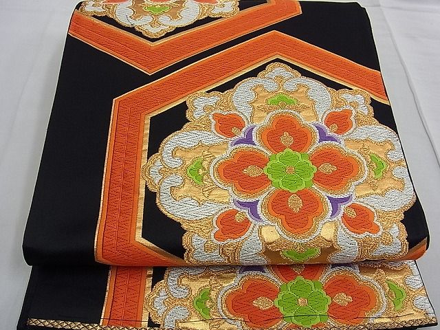 金亀甲袋帯 袋帯 黒 金 赤 銀 亀甲 花 六通柄 正絹 仕立て上がり