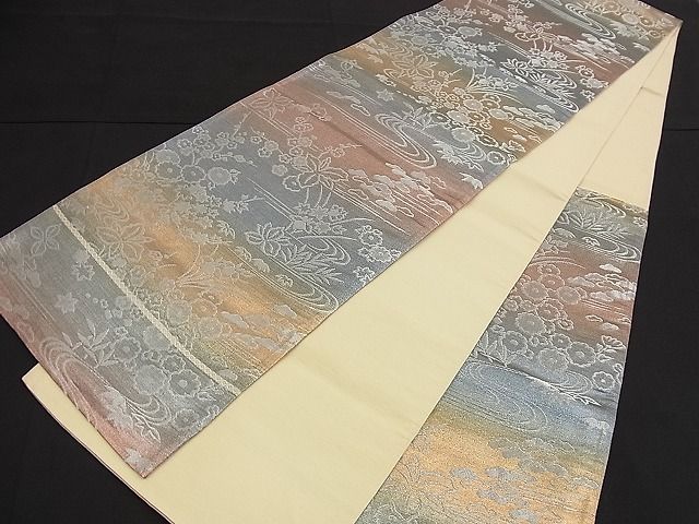 平和屋着物■六通柄袋帯 流水草花文 銀糸 逸品 n-nr0319