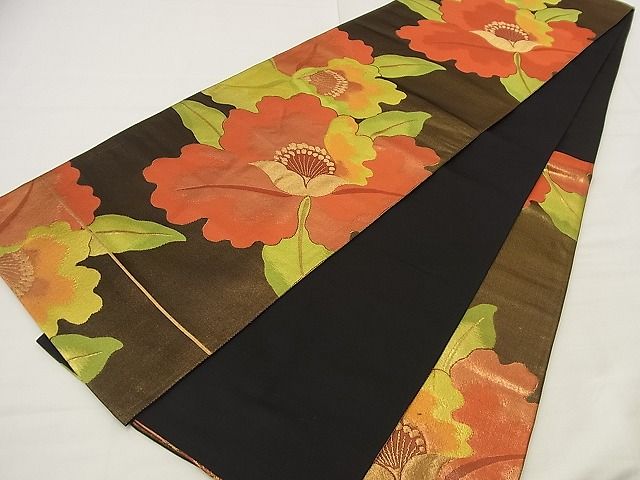 平和屋着物■六通柄袋帯 カトレア 黒地 金糸 逸品 n-nr0352