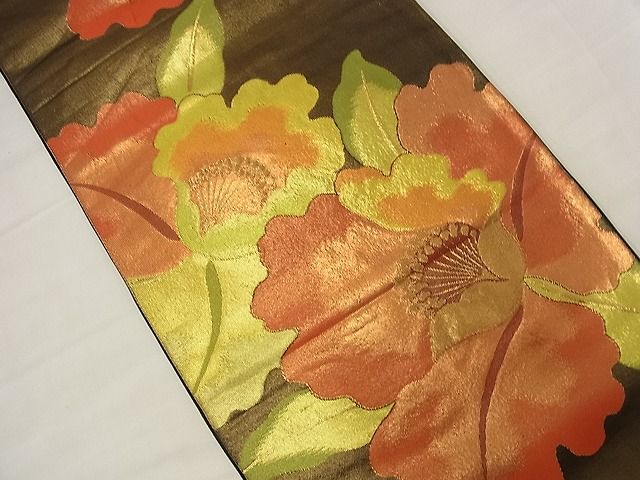 平和屋着物■六通柄袋帯 カトレア 黒地 金糸 逸品 n-nr0352