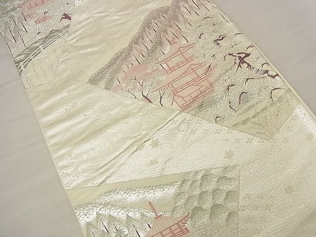 平和屋着物■六通柄袋帯 名所風景 プラチナ純銀箔二重織 逸品 n-nr0353