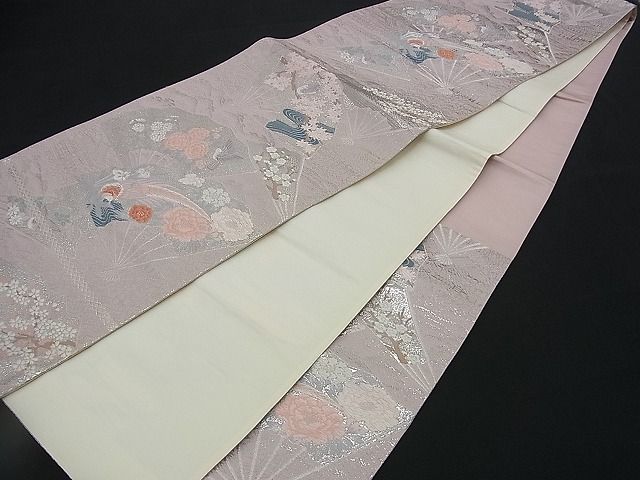 平和屋着物■六通柄袋帯 唐織 尾長鳥扇面花文 銀糸 逸品 n-rv0342