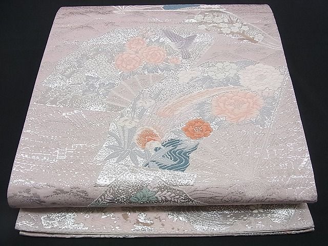 平和屋着物■六通柄袋帯 唐織 尾長鳥扇面花文 銀糸 逸品 n-rv0342
