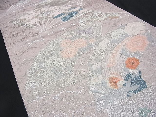平和屋着物■六通柄袋帯 唐織 尾長鳥扇面花文 銀糸 逸品 n-rv0342