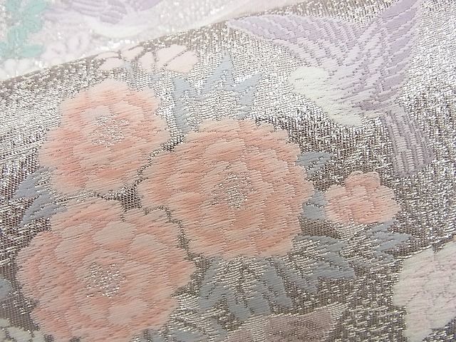 平和屋着物■六通柄袋帯 唐織 尾長鳥扇面花文 銀糸 逸品 n-rv0342