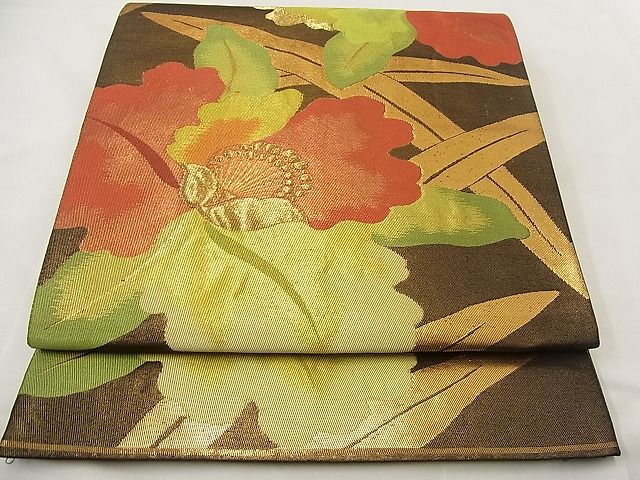 平和屋着物■六通柄袋帯 ふくれ織 カトレア 黒地 金糸 逸品 n-wb2065