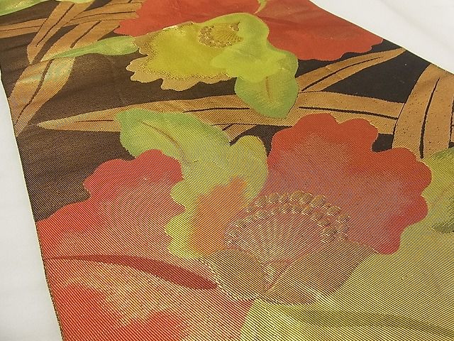 平和屋着物■六通柄袋帯 ふくれ織 カトレア 黒地 金糸 逸品 n-wb2065