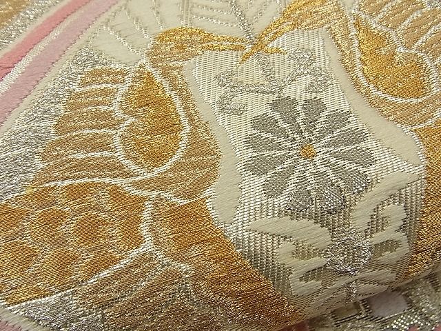 平和屋着物■六通柄袋帯 唐織 向かい鶴有職花文 プラチナ箔 二重織 逸品 n-ne1407