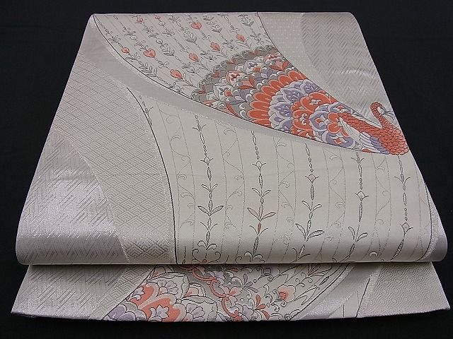 平和屋着物■六通柄袋帯 唐織 彩錦九百 孔雀文 プラチナ箔 銀糸 逸品 n-nr0014