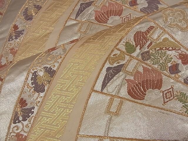 平和屋着物■六通柄袋帯 唐織 檜扇吉祥文 金銀糸 逸品 n-nr0079